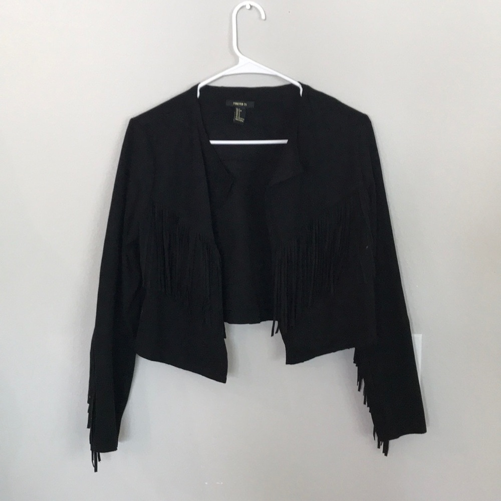 Faux suede fringe cropped jacket